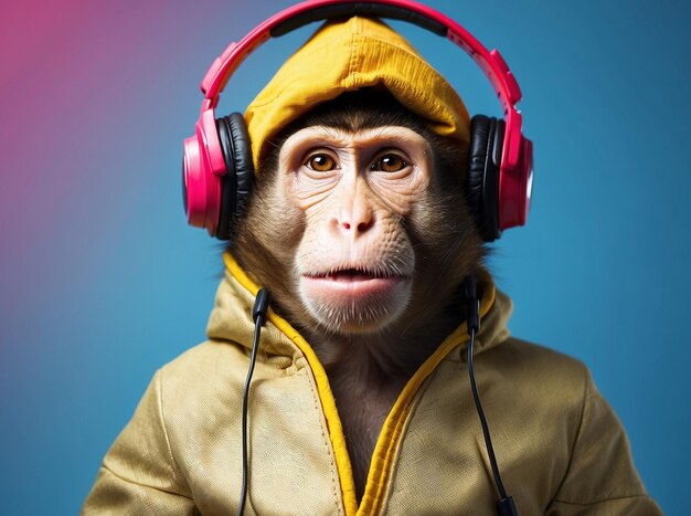 Foto mono gracioso con ropa escuchando música fondo minimalista hiperrealista