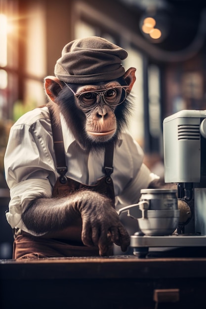 Un mono haciendo café artesanal en un café urbano de moda