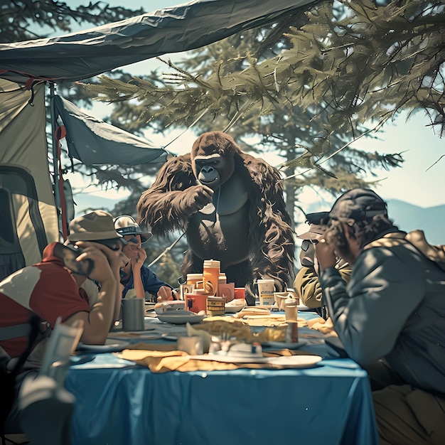 El mono interrumpe el picnic en la montaña