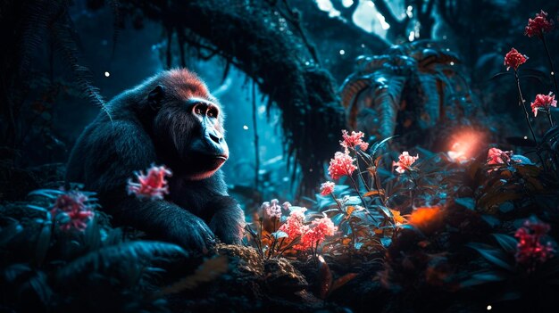 Un mono en una jungla con flores.
