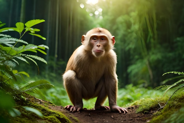 Un mono en una jungla con un fondo verde.