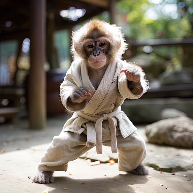 Foto un mono con un kimono está de pie en la tierra