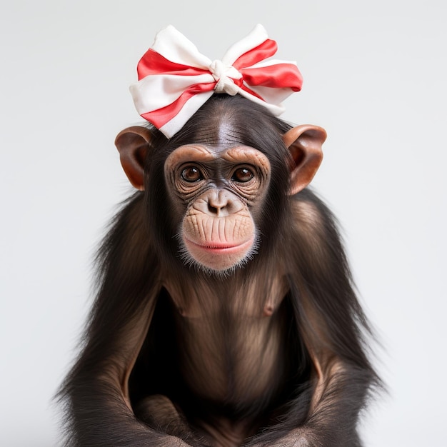 Foto mono con lazo, lindo accesorio deportivo de primate en la cabeza