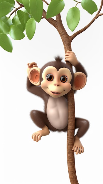 Un mono lindo de dibujos animados en 3D colgando de una rama de árbol