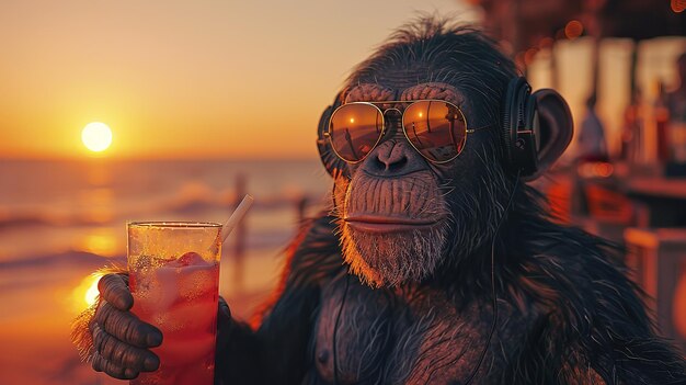 Un mono lindo con gafas de sol descansando en la playa contra el telón de fondo del mar y el sol