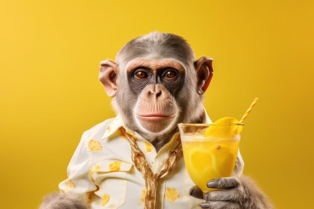 Un mono lindo sosteniendo un vaso de bebidas en un fondo amarillo