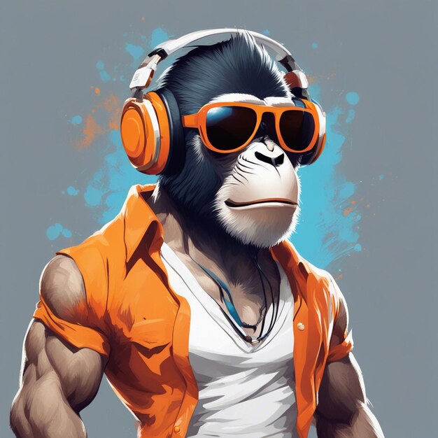 Un mono musculoso con auriculares y un diseño de camiseta naranja.
