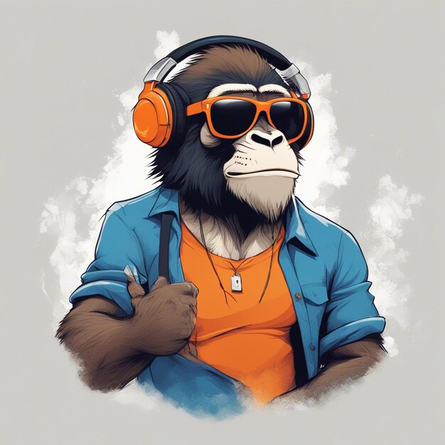 Un mono musculoso con auriculares y un diseño de camiseta naranja.