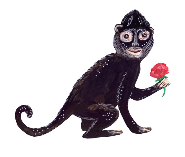 Mono negro con ojos grandes sosteniendo una rosa ilustrado en un estilo caprichoso y encantador
