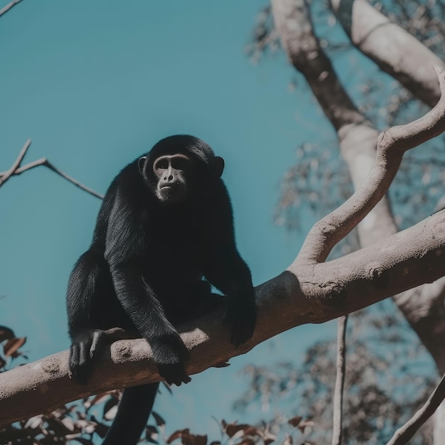 Un mono negro se sienta en una rama de un árbol.