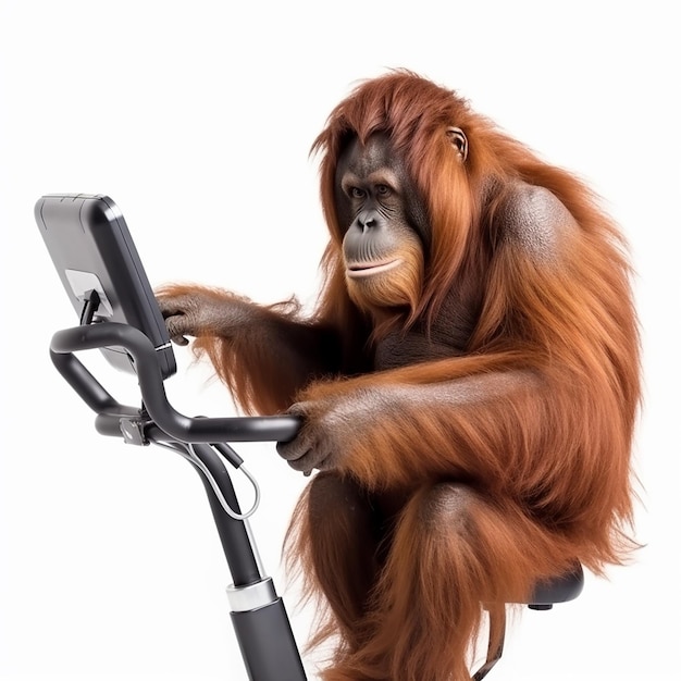 El mono orangután practica deportes en un primer plano de bicicleta de ejercicio en fitness de atleta blanco