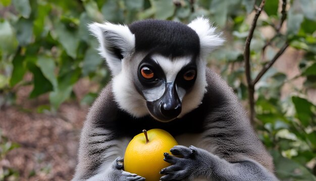 Foto un mono con un plátano en la cara está sosteniendo una naranja