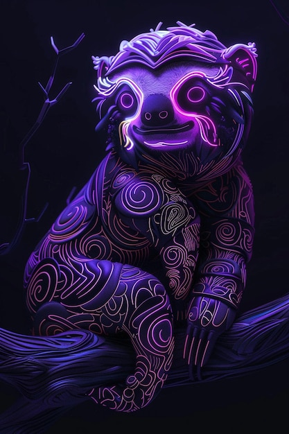 Un mono púrpura con un cuerpo púrpura y ojos púrpuras se sienta frente a un fondo púrpura
