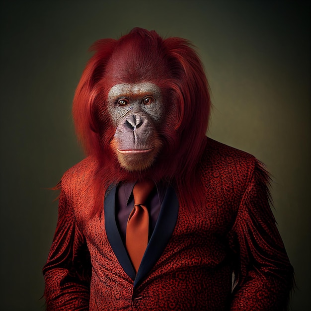 Un mono rojo con traje y corbata.