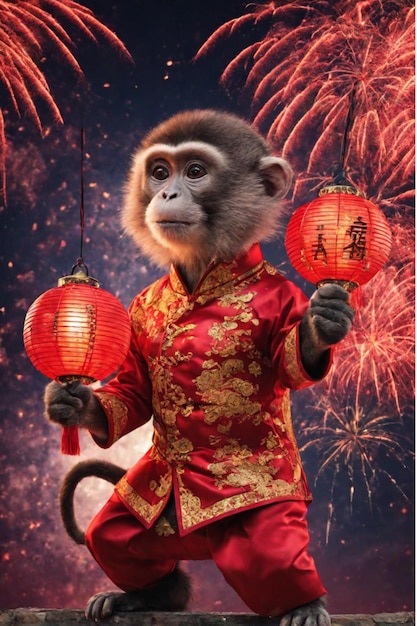 Mono con ropa tradicional china en la fiesta del Año Nuevo Lunar