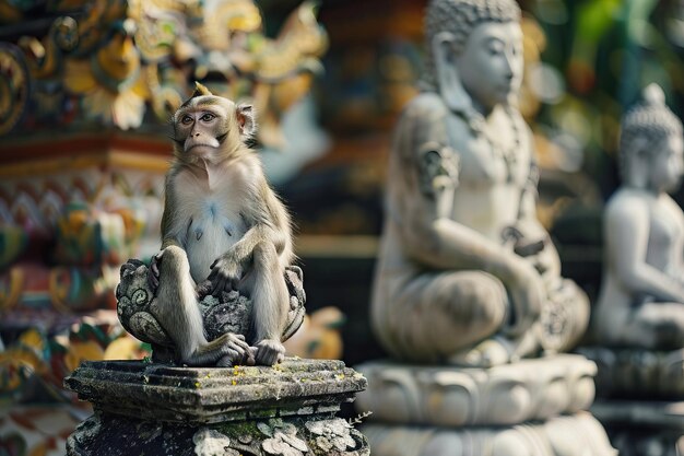 Mono sentado en una estatua en un templo religioso con una estatua de Buda