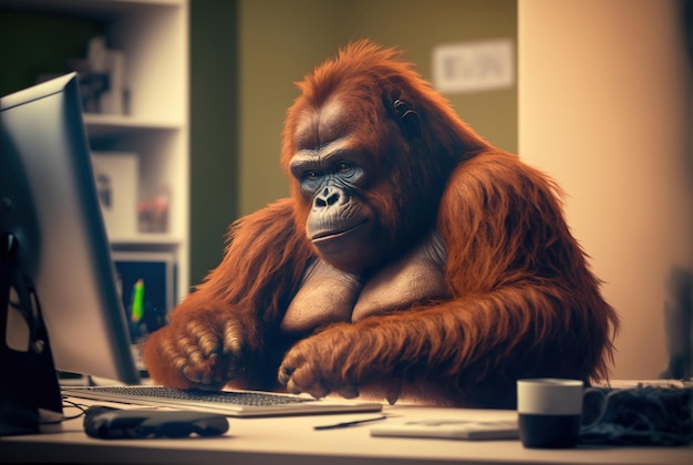 Un mono se sienta en un escritorio con una computadora portátil y mira la pantalla.