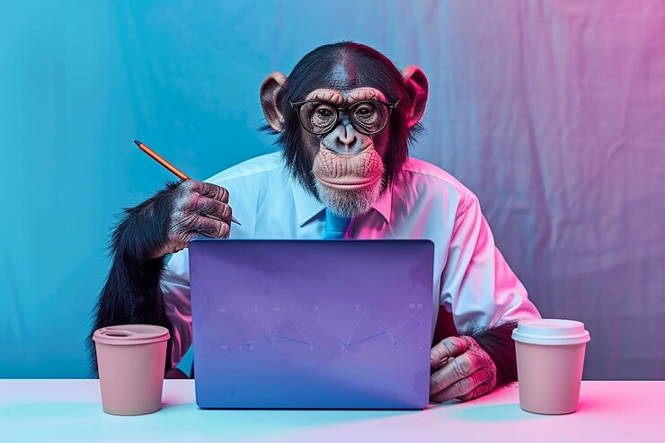 Foto un mono se sienta en un escritorio con una computadora portátil y una taza de café