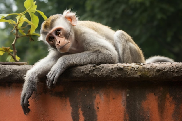 El mono simian perch descansa cómodamente en una superficie de la pared