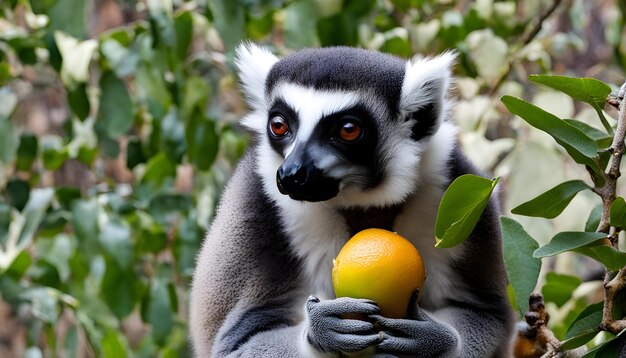 Foto un mono sosteniendo una naranja y una fruta que dice lémures