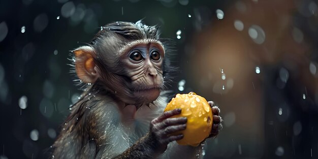 un mono sosteniendo una naranja con gotas de agua en ella