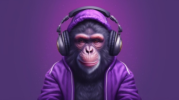Un mono con una sudadera púrpura y auriculares