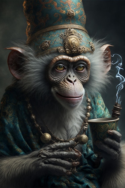 Un mono con una taza de té.