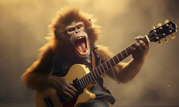 mono tocando la guitarra musical