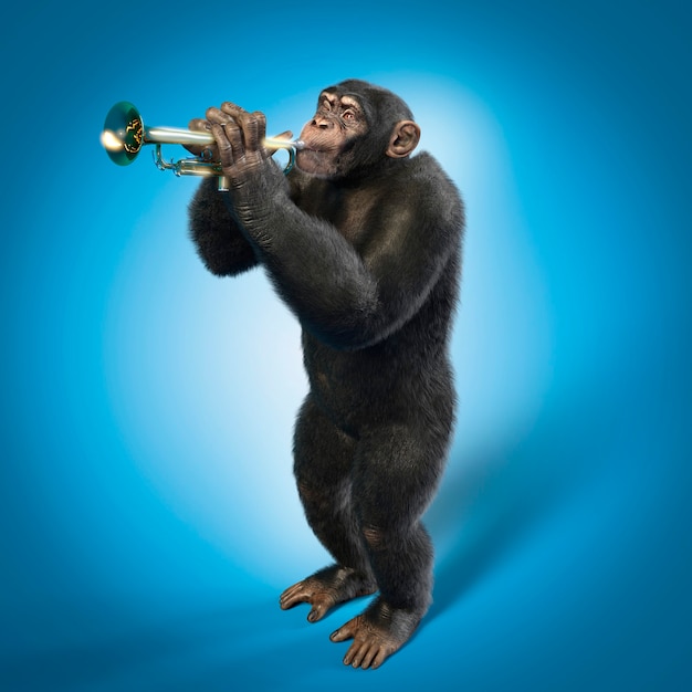 Mono tocando la trompeta, fondo azul. Ilustración 3D