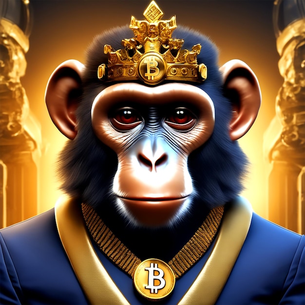 Mono con un traje de moneda y una corona real en la cabeza y parece recto UHD 4k 32k