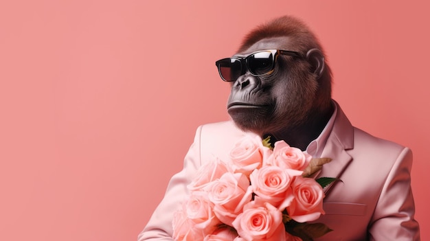 Mono en un traje con un ramo de rosas en un fondo rosa