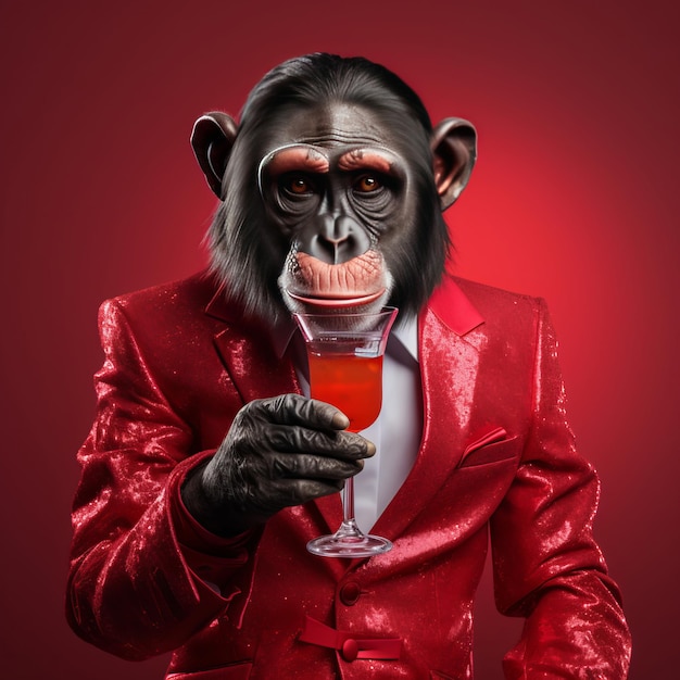 Un mono con un traje rojo sosteniendo una bebida