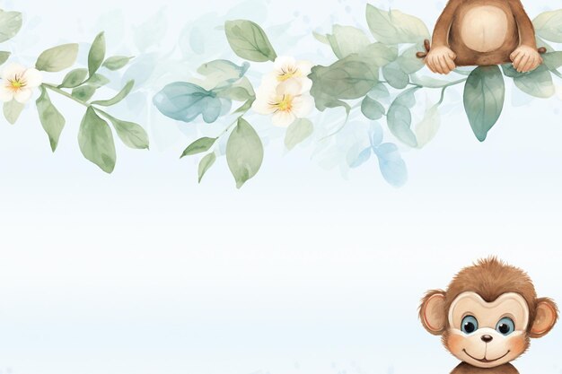 El mono de la tranquilidad tropical y las flores acuareladas