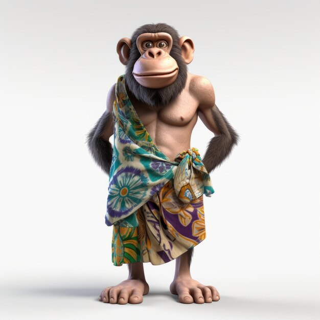 Mono Tropical 3d renderizado en dibujos animados con trajes tradicionales