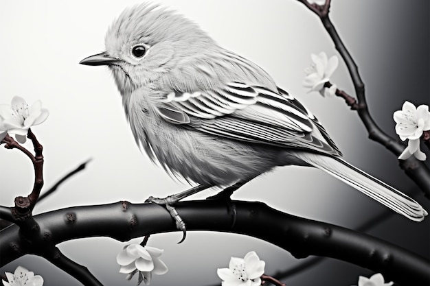 Monochromatischer Kunstwerk-Vogel, der anmutig auf einem Ast thront