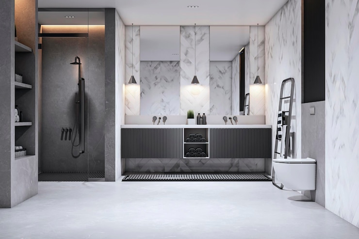Foto monochromatisches badezimmer mit fischbeinmarmor und matten schwarzen armaturen 3d-rendering