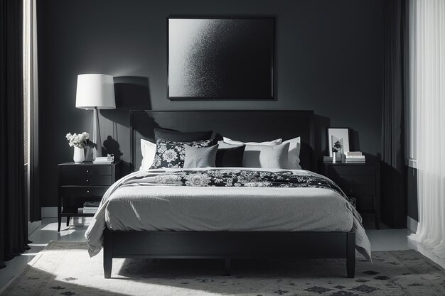Foto monochromatisches magisches schwarz-weiß-schlafzimmer