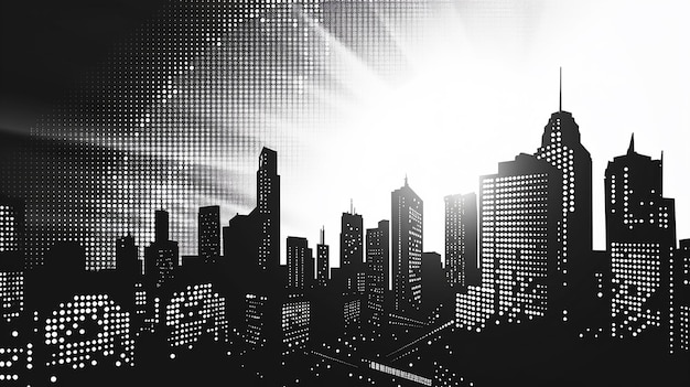 Monochrome Dot Display del horizonte de la ciudad al atardecer