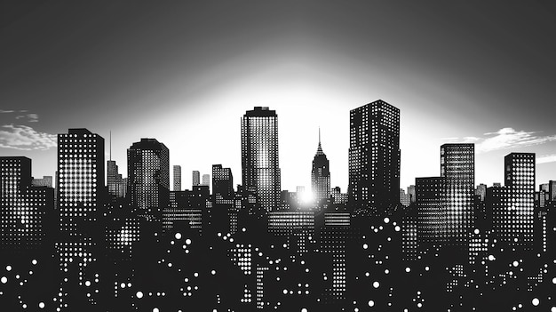 Monochrome Dot Display del horizonte de la ciudad al atardecer