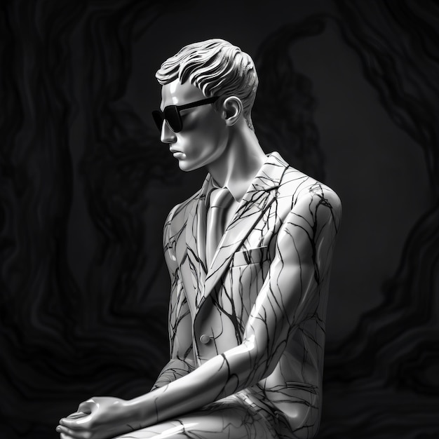 Monochrome Reverie revelando uma escultura surrealista de masculinidade atemporal em meio a fundos enigmáticos