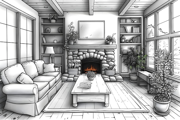 Foto monochrome skizze eines ruhigen wohnzimmers mit kamin konzept innenarchitektur rendering monochrom skizze ruhiger wohnzimmer kamin illustration