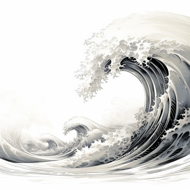 Monochromer Fantasy-Kunst-Surfer, der auf einem Tsunami reitet, in einer einzigen Linienzeichnung