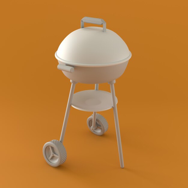 Monochromer Holzkohlegrill auf orangefarbenem Hintergrund 3D-Rendering