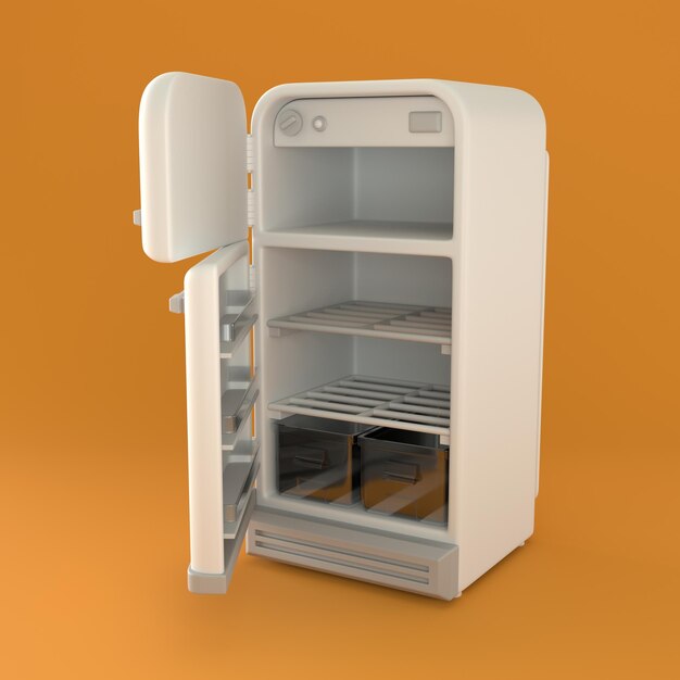 Monochromer Vintage-Kühlschrank auf orangefarbenem Hintergrund 3D-Rendering