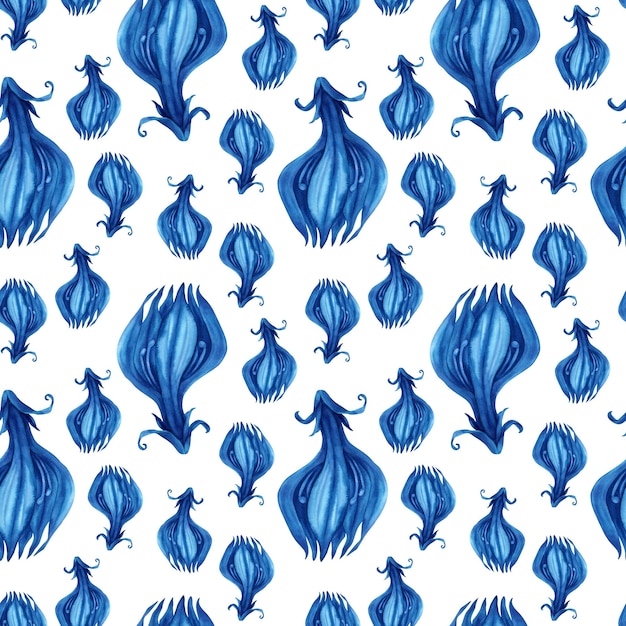 Monochromes Aquarell-Nahtloses Muster mit abstrakten blauen magischen Blumenalgen