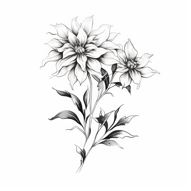 Monochromes Dahlia Blumen-Tattoo-Design mit launischen Volksgefühl-Elementen