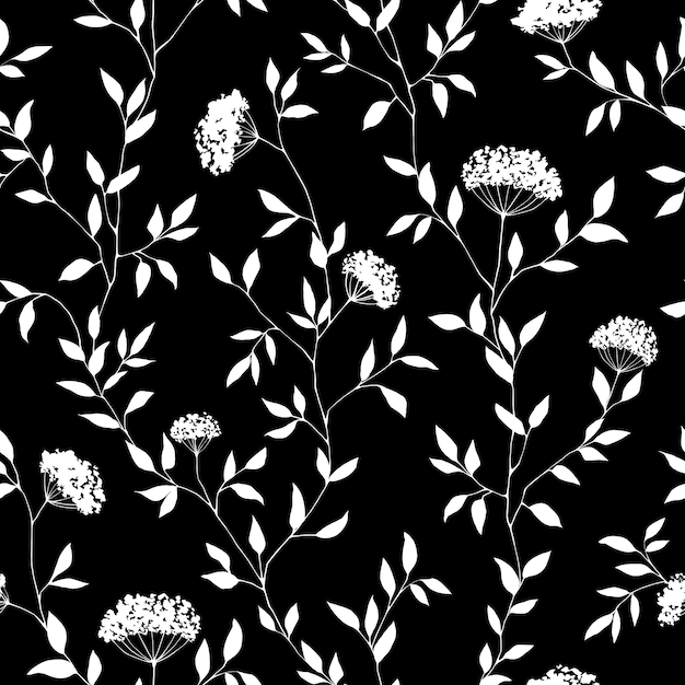 Monochromes, nahtloses blumenmuster botanischer wiederholungsdruck im vintage-stil schwarz-weißes blattdesign