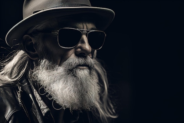 Monochromes Porträt eines brutalen, bärtigen, alten Rocker mit Brille und Hut. Seitenansicht von einem Mann mittleren Alters.