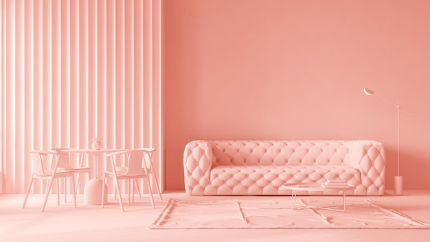 Monocrome flaches rosa Interieur des modernen Wohnzimmers 3D-Rendering