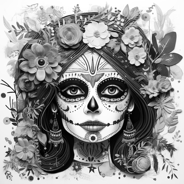 Monocromo Dia de los Muertos Artista mujer adornada con calavera de azúcar floral